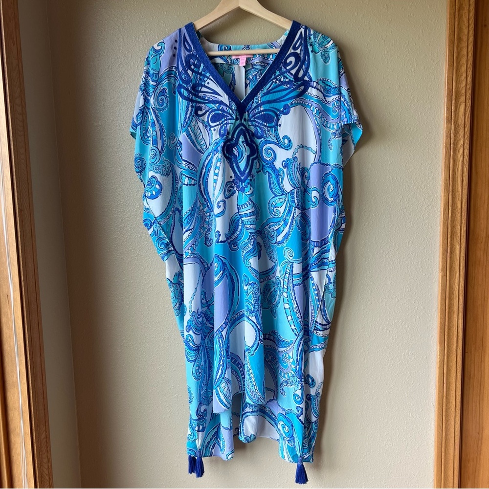 Lilly Pulitzer Sydney Silk Caftan Test The Water Cover Up Bead Tassels Size L/XL